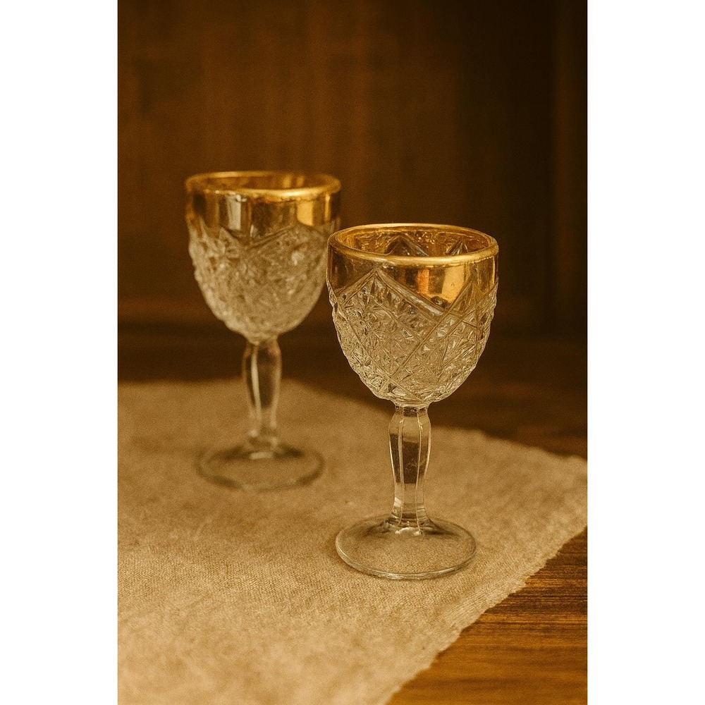 Vintage Pressed Glass Cordial Glasses Gold Rim Diamond Cut Mid-Century Barware